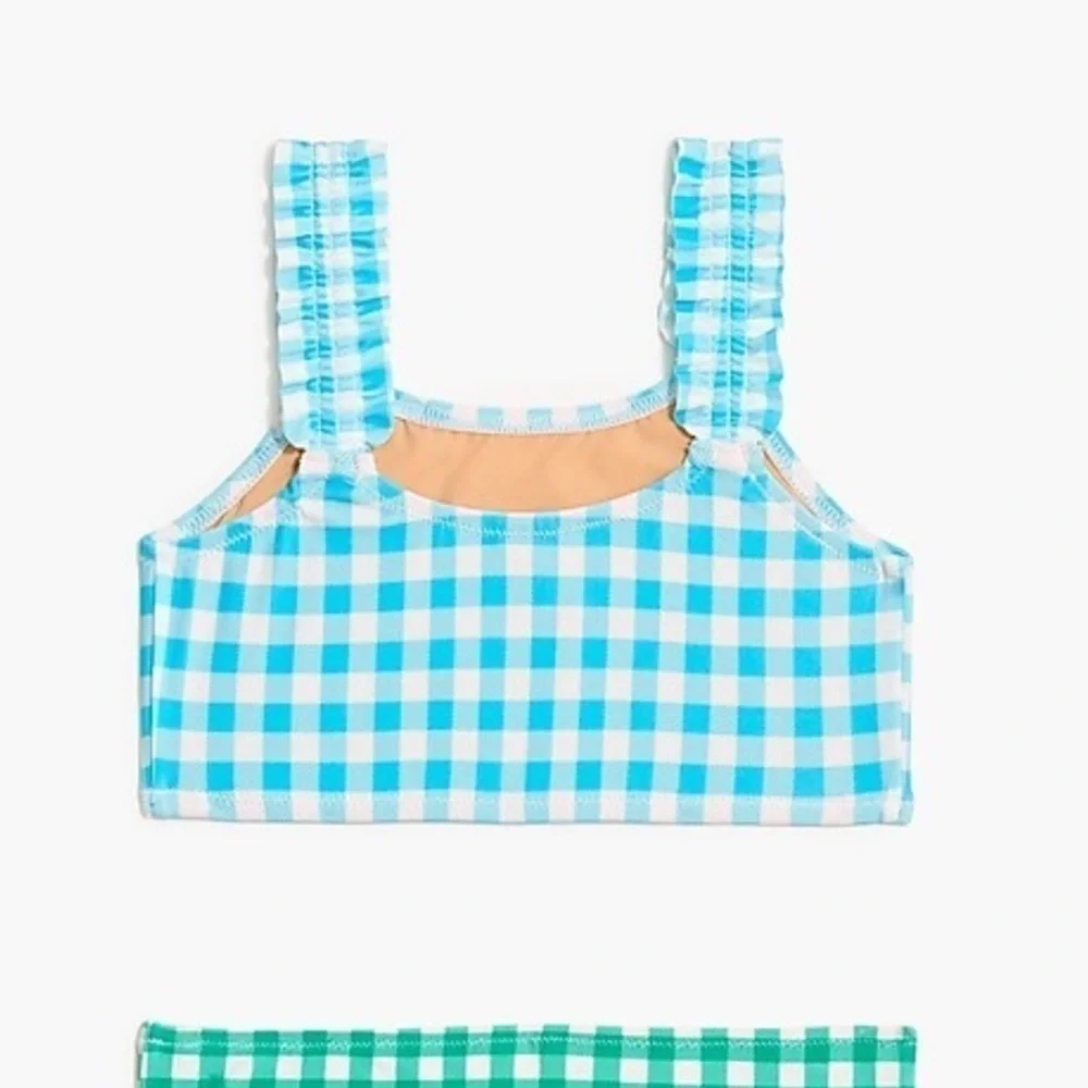 J crew girls gingham blue ruffle strap bikini top